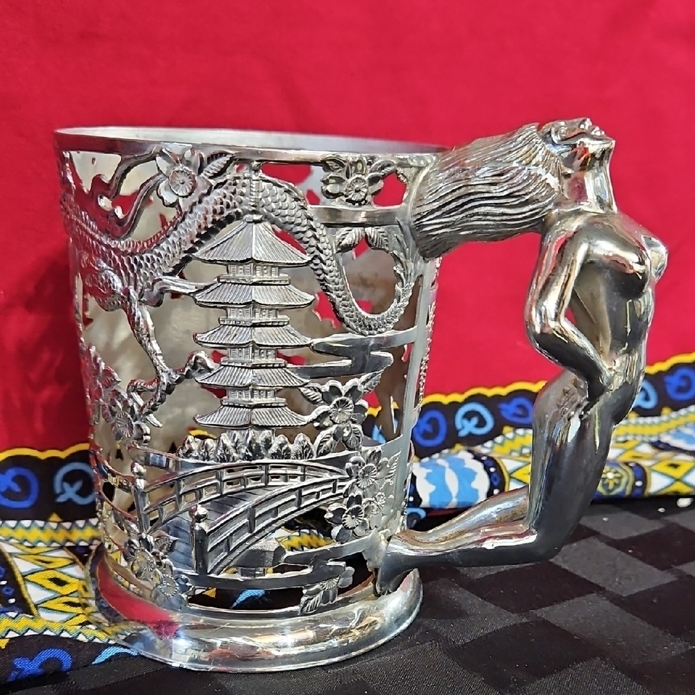 Japanese Cut Silver Plated Stein Tankard Holder with Nude Handle